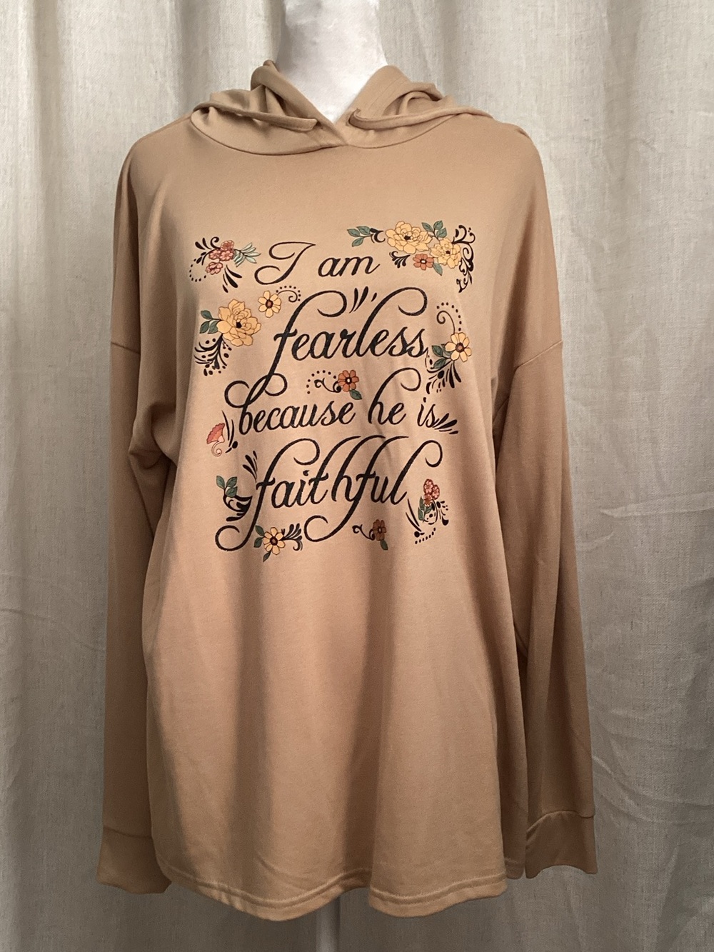 Cato Tan Hooded Crewneck Sweater with Floral Script